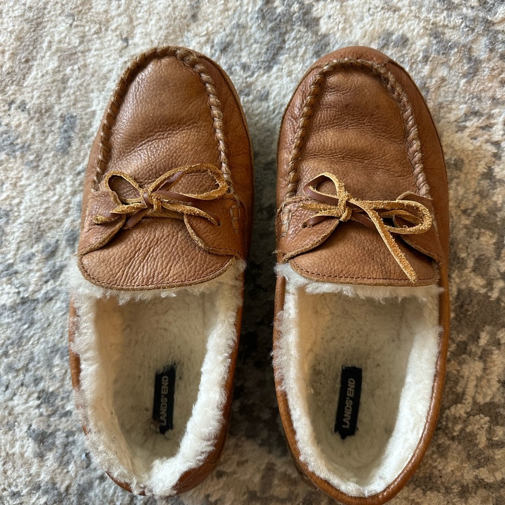 Lands' End Men's Tan Leather Moccasin Slippers with Shearling Lining